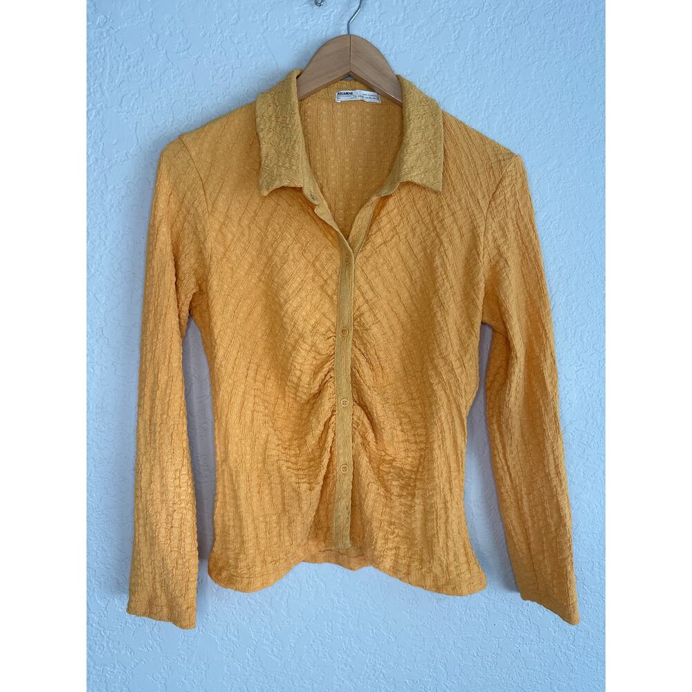 Pull & Bear Orange Ruched Long Sleeve Shirt Fall Gauzy Button Front Shirt XL